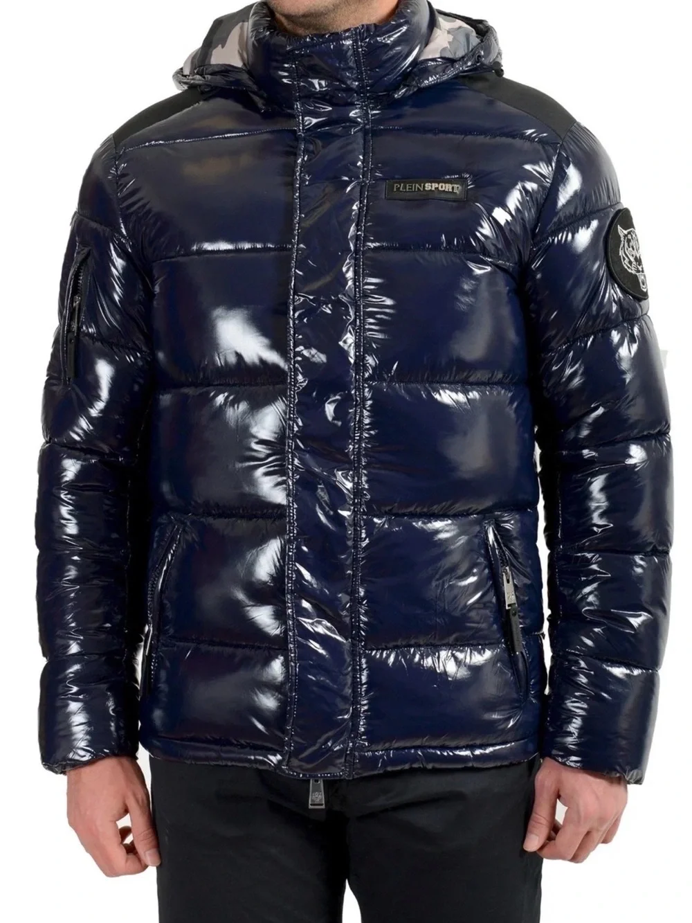 Plein Sport Men’s Glossy Dark Blue Quilted Hooded Puffer Jacket